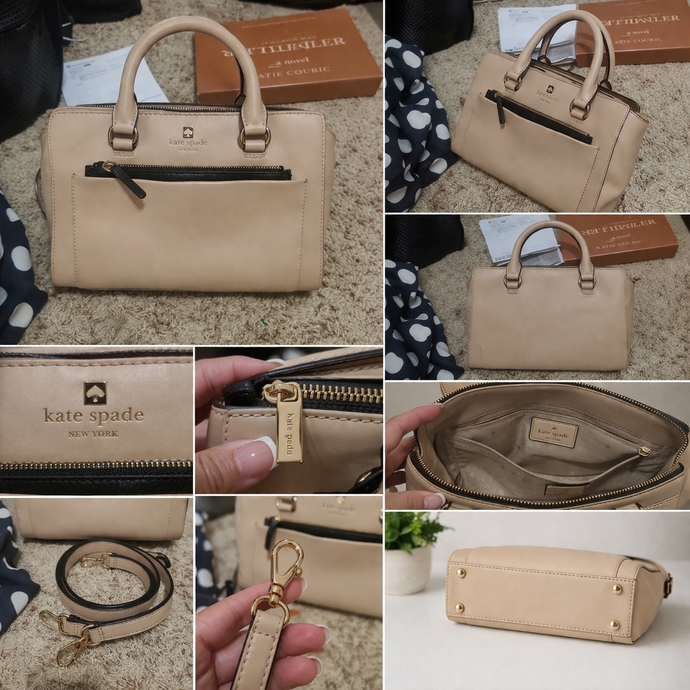 kate spade Neutral Beige Leather Satchel with Black Trim